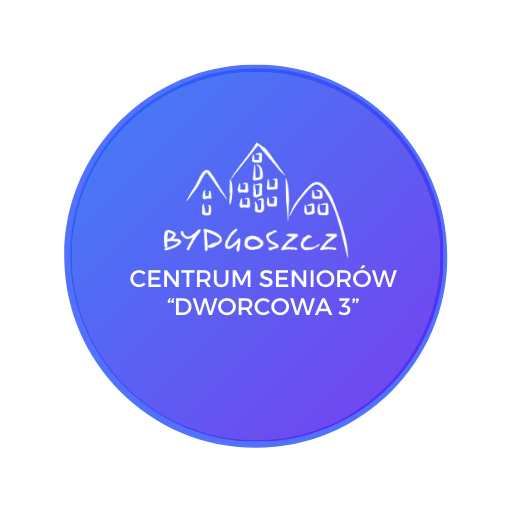 Niebieskie koło ze stylizowanymi spichrzami oraz napisem Centrum Seniorów "Dworcowa 3"